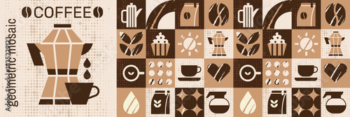 Abstract  cafe pattern with bakery cake food and coffee mosaic design.