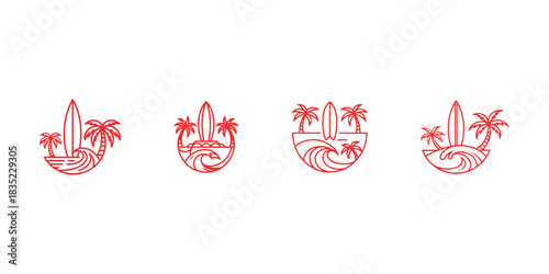Tropical beach scenery with palm trees and surfboard line