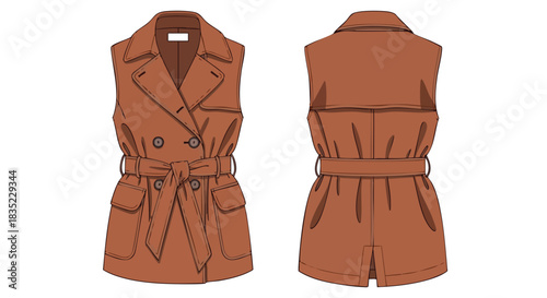 Conceptual design of a belted trench vest in rust color, illustrated from the front and back for apparel presentations, fashion portfolios and