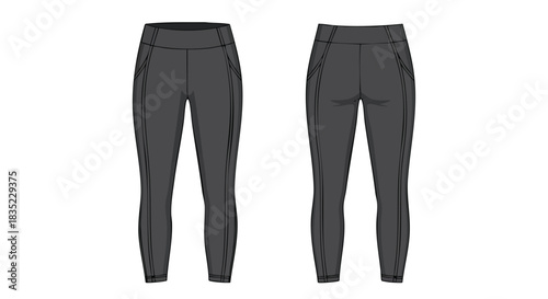 Technical garment drawing showcasing activewear leggings with functional pockets, design for sports and comfortable style apparel, presentation on