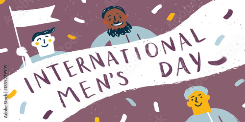 Cheerful illustration celebrating international men's day with diverse characters and confetti