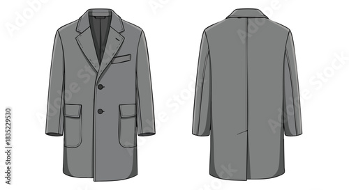 Detailed flat sketch showcasing a stylish and modern gray overcoat design with its front and back views on a plain white background
