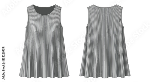 Elegant silver pleated sleeveless top showcasing front and back design perspectives in a seamless fashion illustration
