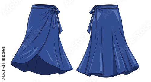 Detailed garment diagram showcasing a flowing blue wrap skirt with a tie closure design element present