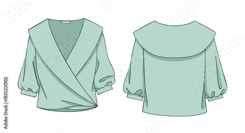 Illustration of a light green wrap blouse with a large collar, showcasing both the front and back design in a minimalist style
