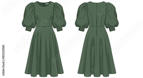 Elegant A-line Midi Dress Illustration with Voluminous Sleeves and Gathered Skirt on White Background