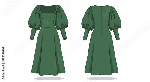 Elegant emerald dress illustration with puffed sleeves, front and back views revealing design details for apparel fashion