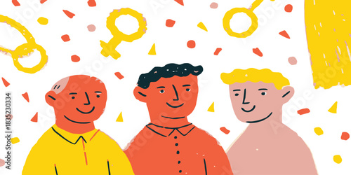 Diverse group of people standing together with gender symbols and confetti in a colorful design