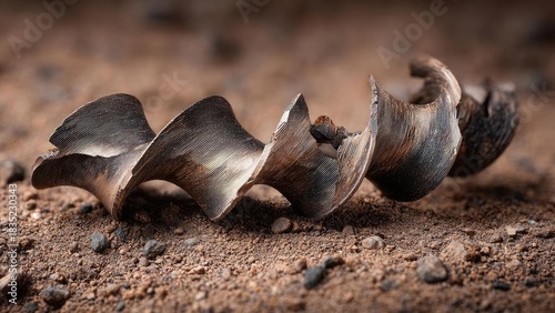 A ribbed spiral fossil shell lying on dusty ground. Concept Ribbed spiral shell, Fossil on dusty ground, Ancient marine relic, Paleontology detail, Desert archaeology