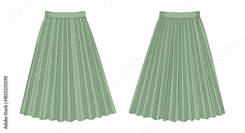 Elegant pleated midi skirt showcasing a-line silhouette with a light green color and geometric folds evoking minimalist fashion