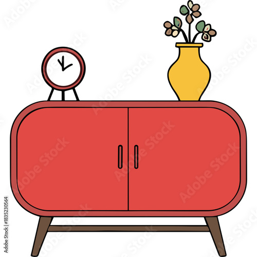 Vibrant Red Mid Century Modern Sideboard With A Yellow Vase Of Flowers And A Round Clock On Top Against A Black Background