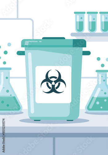 Biohazard waste container in laboratory with chemical flasks. Medical safety flat design graphic. Science and chemistry experiment equipment
