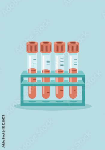 Medical blood test tubes in rack. Laboratory analysis equipment icon. Flat design graphic