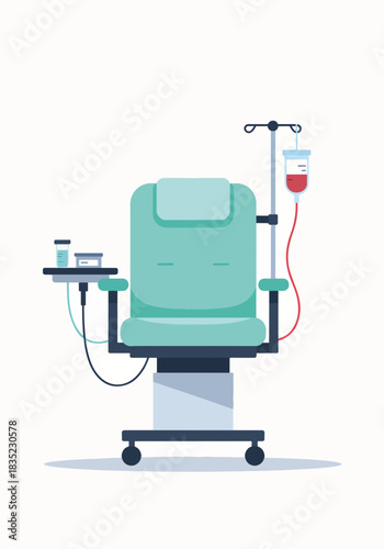Medical blood donation chair flat design graphic. Hospital furniture with IV drip stand. Healthcare clip art