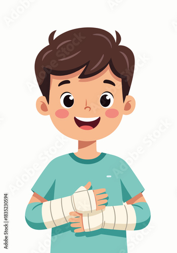Boy with broken arms wearing medical casts. Happy child patient character for healthcare design. Flat vector graphic