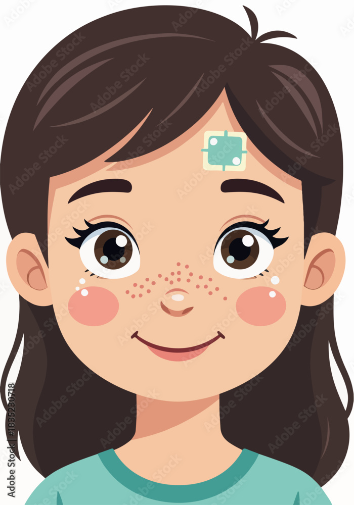 Fototapeta premium Little girl with cooling fever patch on forehead. Sick child character portrait for medical healthcare concept. Flat design graphic