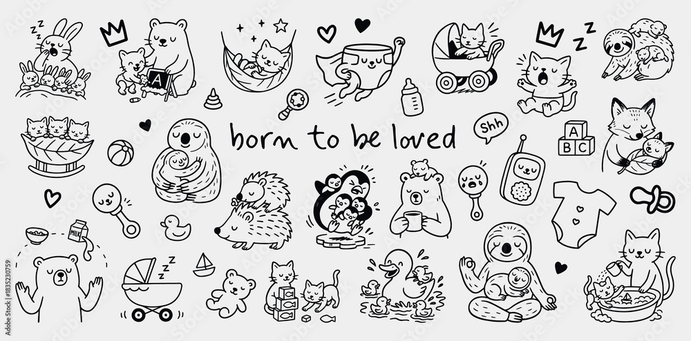 Obraz premium Cute baby animals with parents illustration set for children’s books, nursery decor and family designs, vector