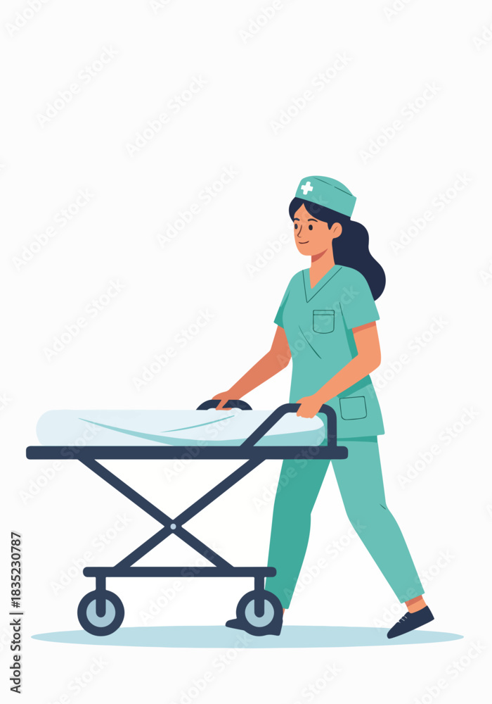 Obraz premium Nurse pushing a hospital gurney. Medical professional character in scrubs. Flat design for healthcare and emergency services