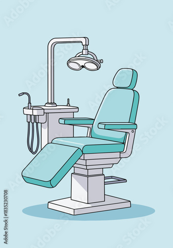 Dental chair with lamp and instruments. Medical examination seat for dentist office. Flat design graphic