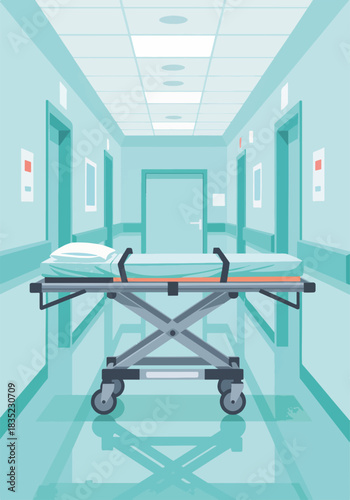Emergency stretcher in hospital hallway. Medicine and healthcare concept. Vertical flat design graphic