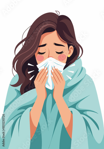 Sick woman coughing into tissue wrapped in blanket. Girl with flu symptoms holding handkerchief. Flat design graphic isolated on white background