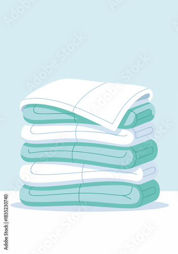 Vertical graphic of a stack of folded hospital blankets. Pile of clean medical linens and bedding. Flat design icon