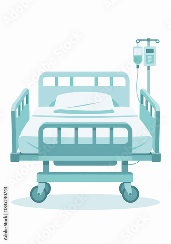 Hospital bed with IV drip stand. Medical equipment for patient recovery. Flat design graphic isolated on white