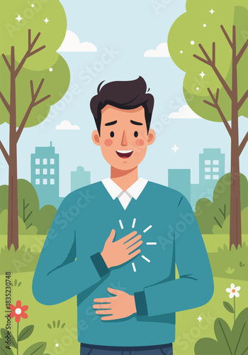 Man suffering from chest pain in park. Flat design medical graphic of heart attack or indigestion symptoms. Vertical drawing