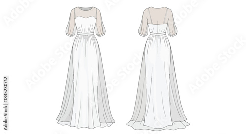 Elegant Sheer Sleeve Gown Vector Illustration: Sophisticated dress design with sheer sleeves and flowing skirt portrayed in a front and back view