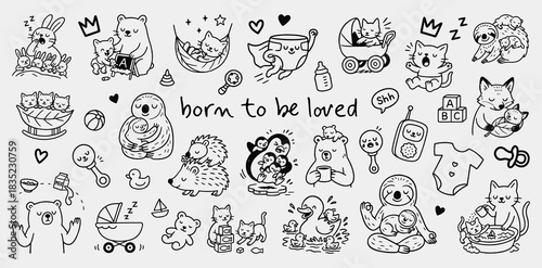 set of baby animals vector illusttations in nurturing embrace of love