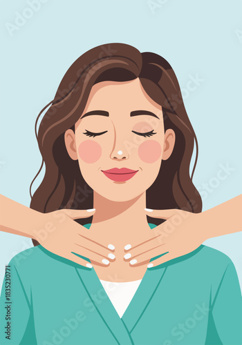 Neck massage therapy for woman. Flat design graphic of hands massaging female neck. Spa and physiotherapy treatment concept