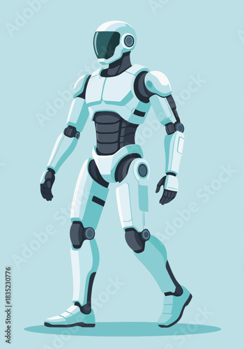 Futuristic medical exoskeleton suit. Robotic android character walking. Flat design graphic