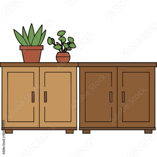 Two wooden cabinets with potted plants on top in a simple drawing style with flat colors and a black background