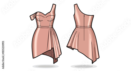 Elegant peach asymmetric dress fashion design sketch showcasing front and back, ideal for evening wear and special occasions, adding a touch of