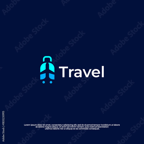 Dynamic logo with a suitcase and airplane for travel agency branding.