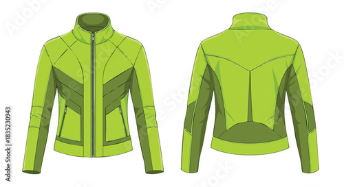 Lime Zest: Technical Illustration of a Modern Moto-Inspired Jacket Design with Front and Back Views