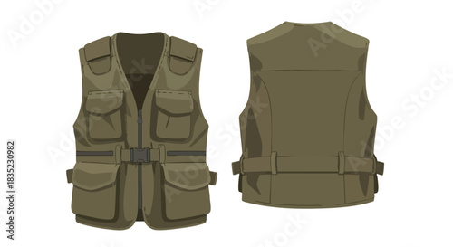 Detailed illustration showcasing the front and back views of a utility vest with multiple pockets and adjustable straps in a muted olive green hue