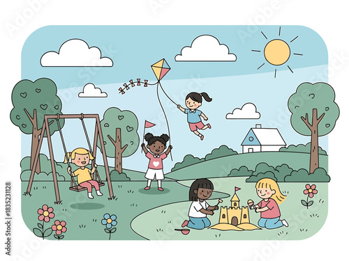 Happy girls playing in park playground  park, playground, children, playing