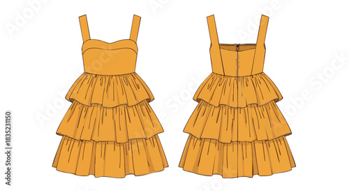 Vibrant orange tiered sundress showcased from front and back perspectives on a white canvas displays fashion illustration