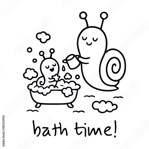 Snail bath scene with bubbles and gentle care, vector illustration