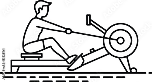 Minimalist line art illustration of a man exercising on a rowing machine, depicting fitness, endurance, and a healthy lifestyle design.