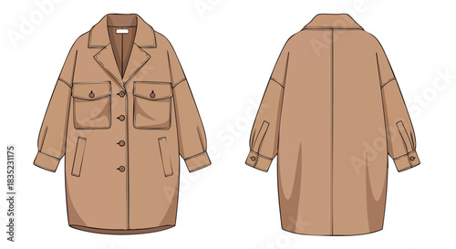 Beige oversized shirt jacket technical sketch showcases relaxed silhouette and practical pocket details design for fashion apparel design, front and