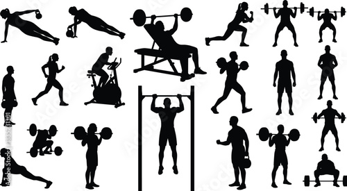 Comprehensive fitness and gym vector silhouette collection, featuring people engaged in running, weightlifting, pull-ups, squats, and functional training, ideal for sports marketing and health