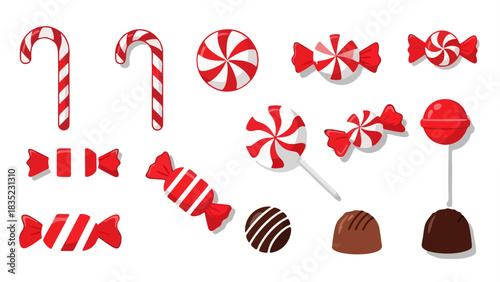 Festive Christmas Candy Vector Icon Set Featuring Red and White Peppermint Sweets, Lollipops, and Chocolate Truffles for Holiday Sticker Designs