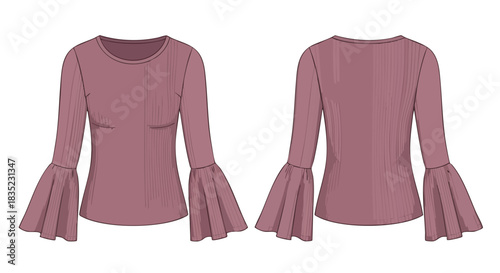 Elegant mauve blouse illustration with flowing sleeves, front and back views showcasing design details and modern apparel fashion