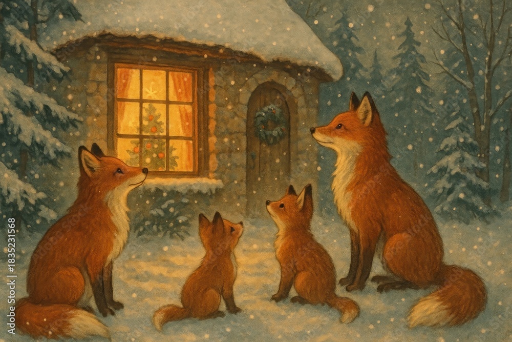 Fototapeta premium Charming foxes in snowy forest background