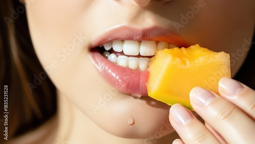 Wallpaper Mural Close-up of glossy lips gently holding a fresh melon between bright white teeth Torontodigital.ca