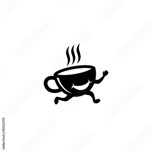 Playful coffee logo with a running cup character, representing energy and freshness.