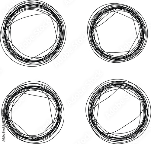 Abstract Rings Set, Chaotic Line Art, Black Circular Shapes, Isolated on White