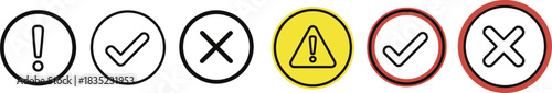 Approval Checkmark Error Cross Icon Symbols Set in Black Yellow and Red on White